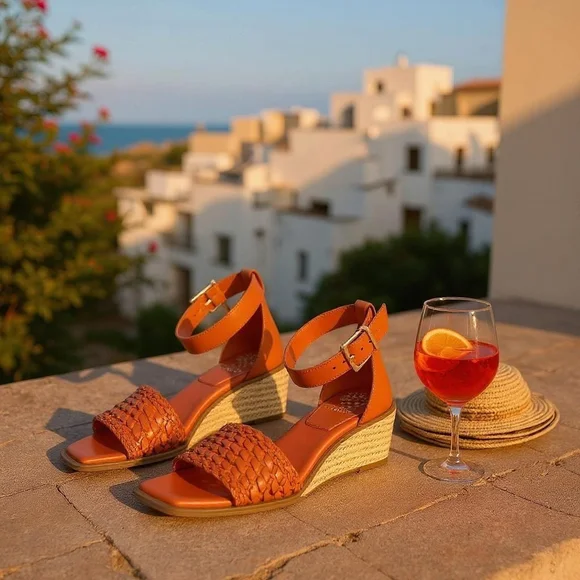 Vince Camuto TANGERINE Leather Net Low Ankle Strap Espadrille Wedge SZ 9 Wide - Picture 1 of 11